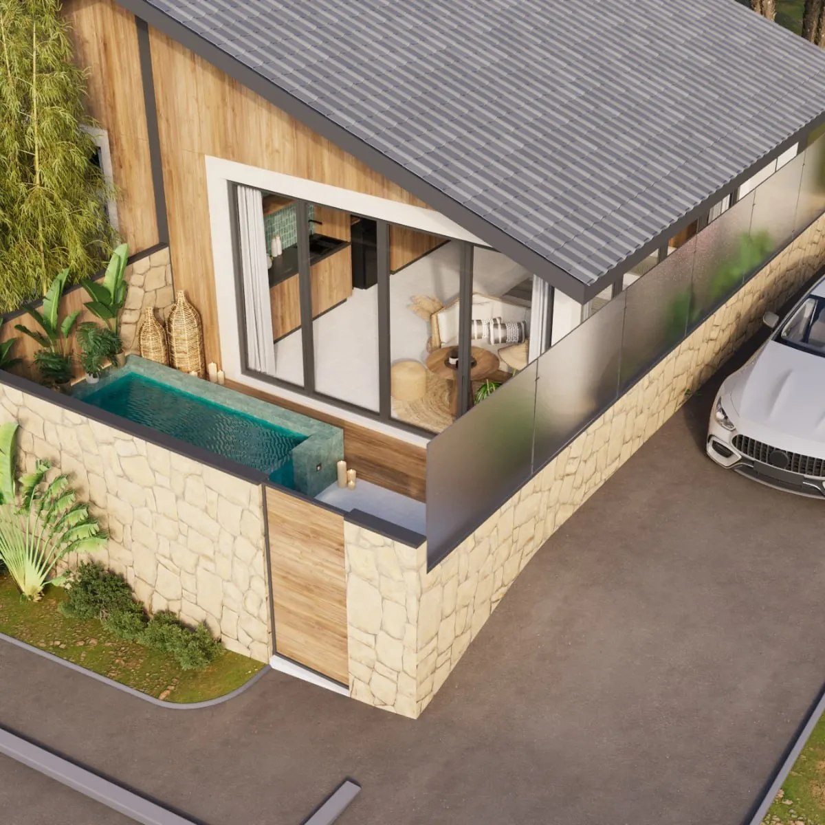 Duo Dreams Villas render, Buduk near Canggu: timber and stone villa with a private plunge pool and carport