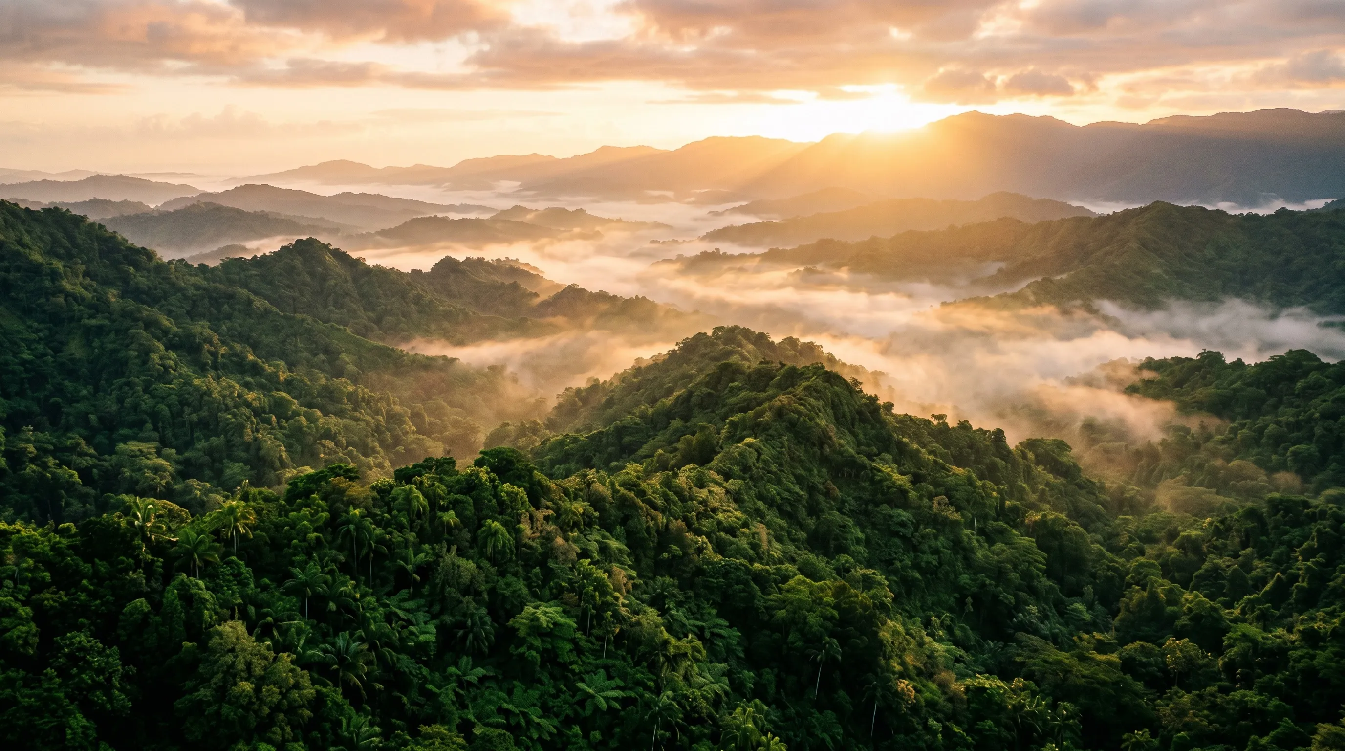 Layers of jungle ridge lines receding into morning haze