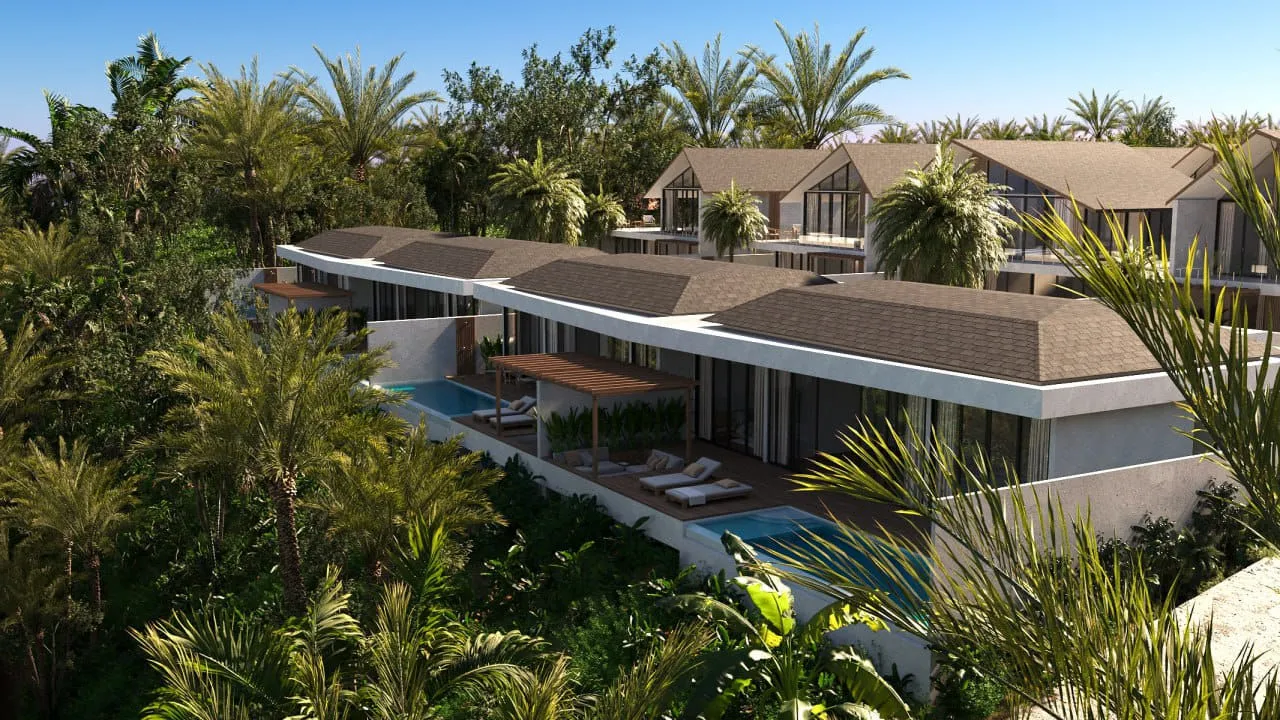 Aerial view of a row of villas with pitched shingle roofs, pools and terraces among coconut palms.
