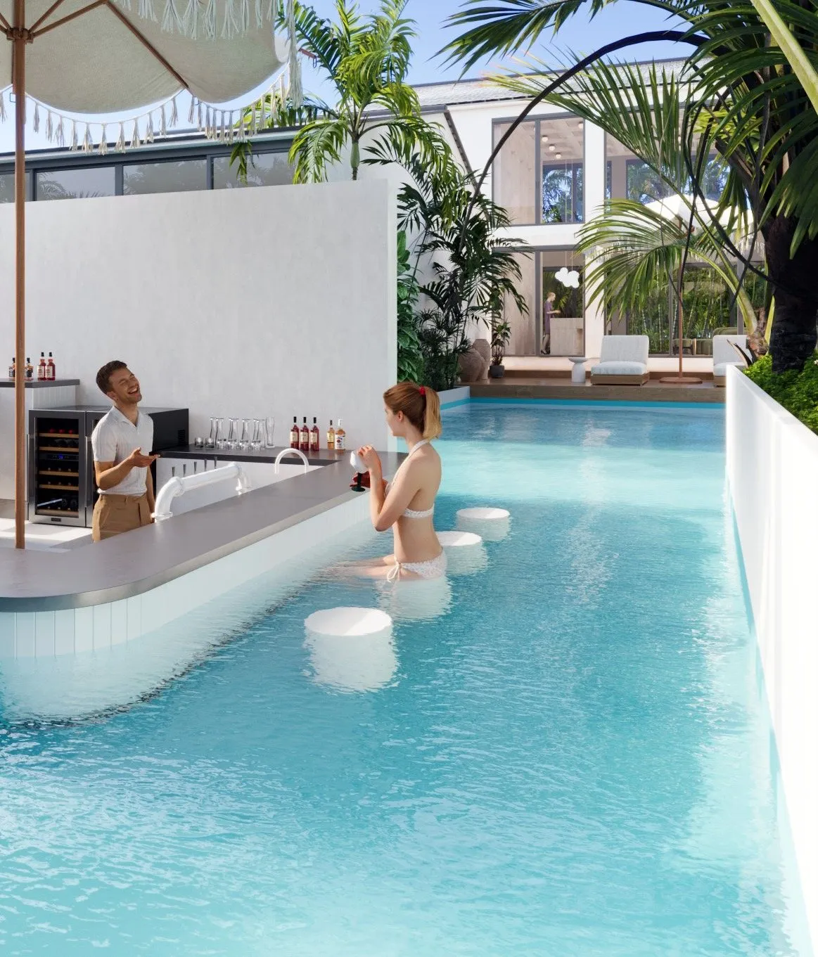 SOL Nusa Dua render: swim-up pool bar shaded by palms inside the resort courtyard